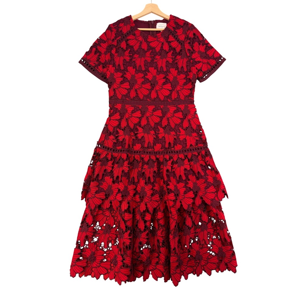 Bohme Red Burgundy Floral Lace Tiered Midi Dress Short Sleeve Large Romantic NYE